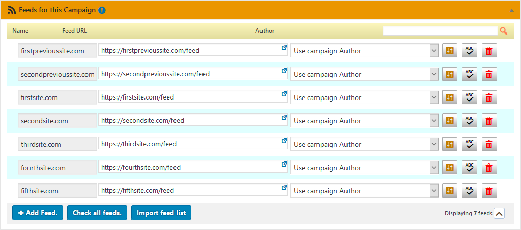 How can import a list of feeds into a campaign? - feeds added