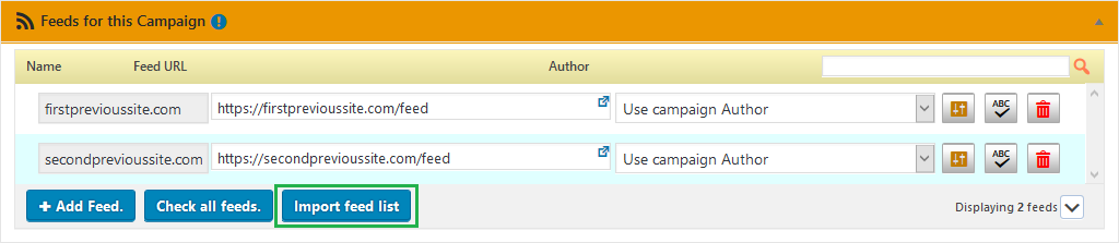 How can import a list of feeds into a campaign? - import feeds button