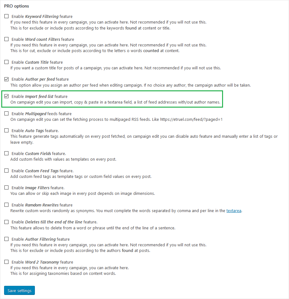 How can import a list of feeds into a campaign? - pro settings feed list