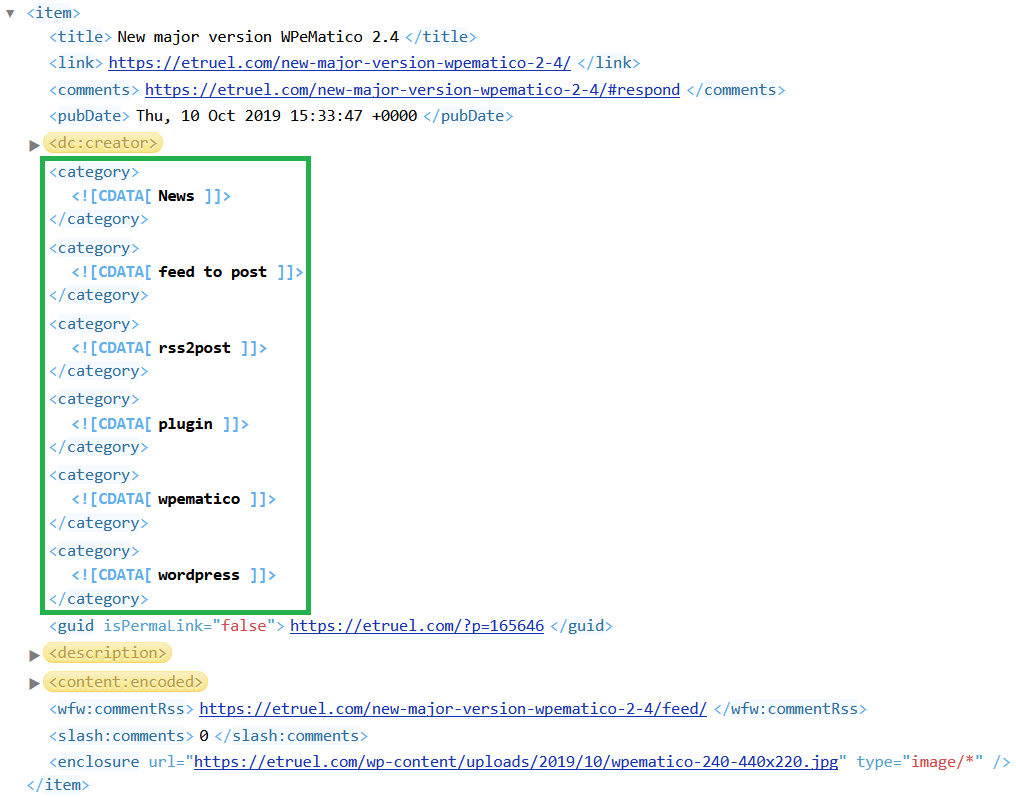 Categories of an item in an rss feed