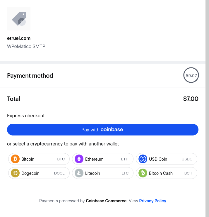 No sandbox but preview popup with coinbase payment gateway