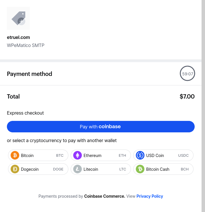 No sandbox but preview popup with Coinbase payment gateway