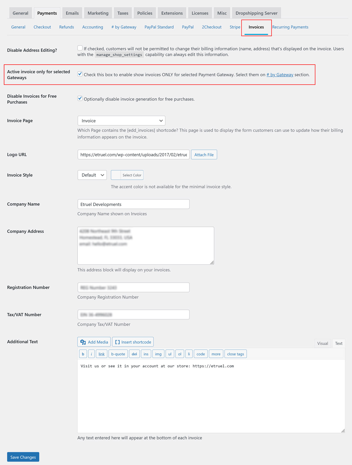 Setup edd order numbers by gateway with edd invoices - edd invoice settings