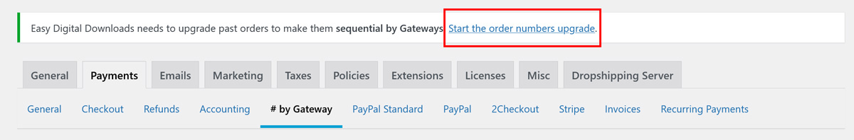 How to setup edd order numbers by gateway - re numbering process