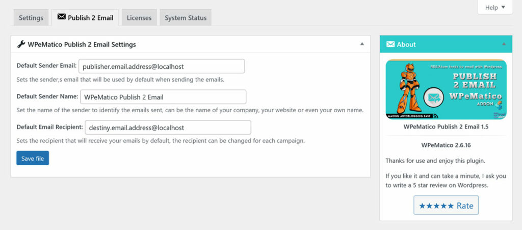 How to set up wpematico publish 2 email? - p2e settings