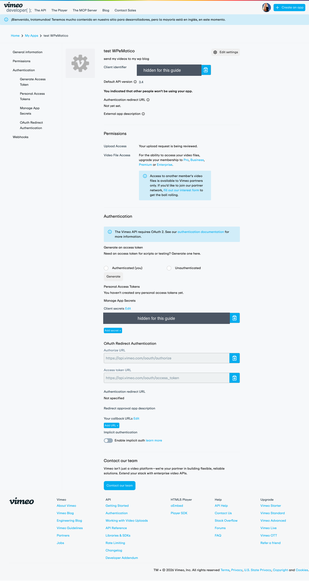 Choose authenticated vimeo access token