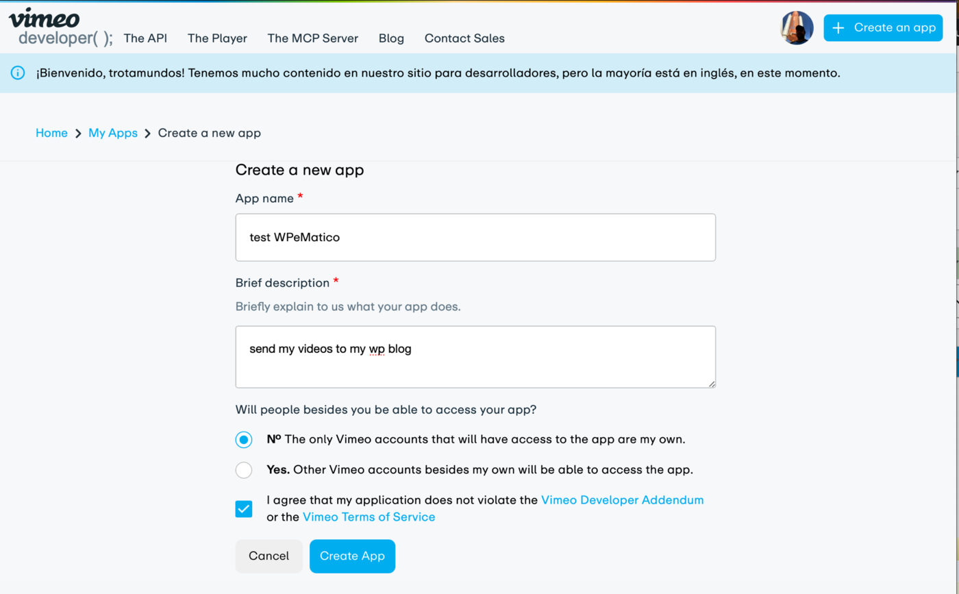 Create a vimeo app for wpematico