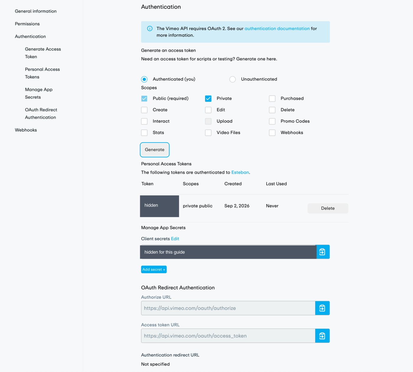 Generate and copy vimeo access token