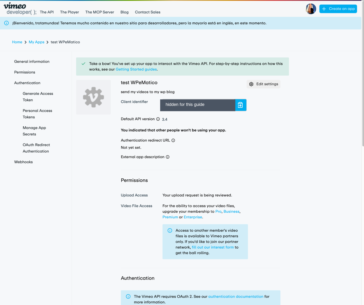 Open vimeo authentication settings