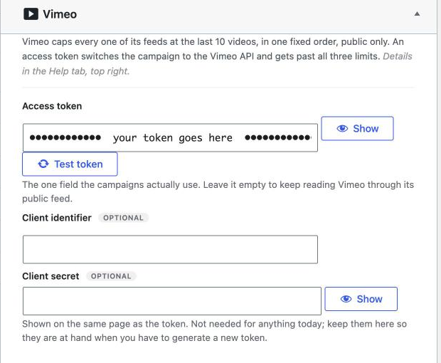 Paste vimeo access token into wpematico