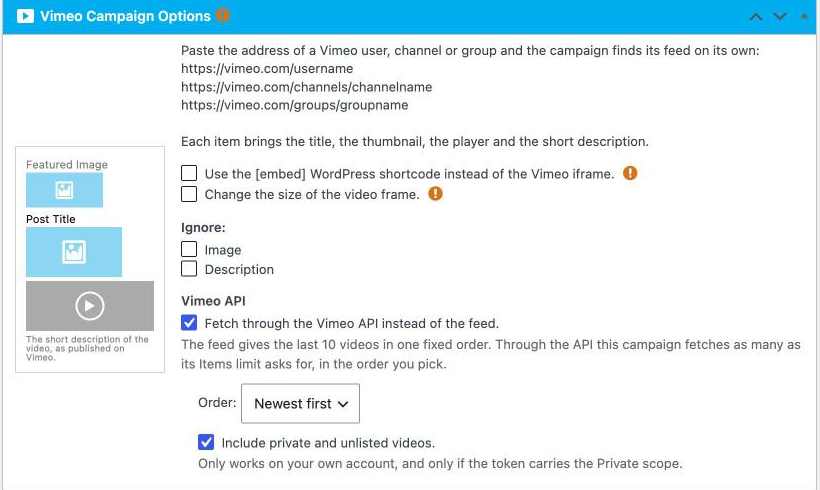 Enable vimeo api in wpematico campaign
