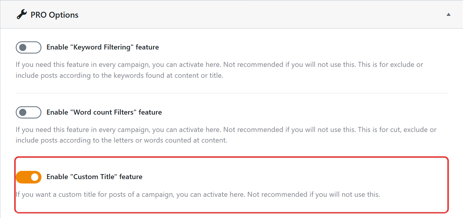 Enable the custom title feature in wpematico professional settings