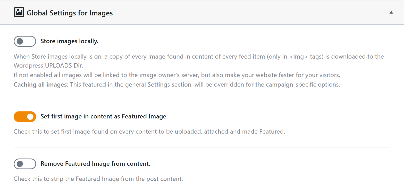 Set first image in content as featured image option in wpematico settings