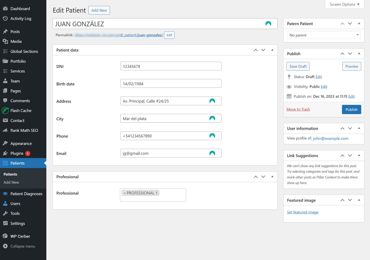 Edit patient screen with the data of an example patient and the professional in charge