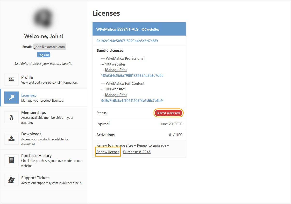 Expired license in the licenses section of the etruel. Com account, with the renew now and renew license links