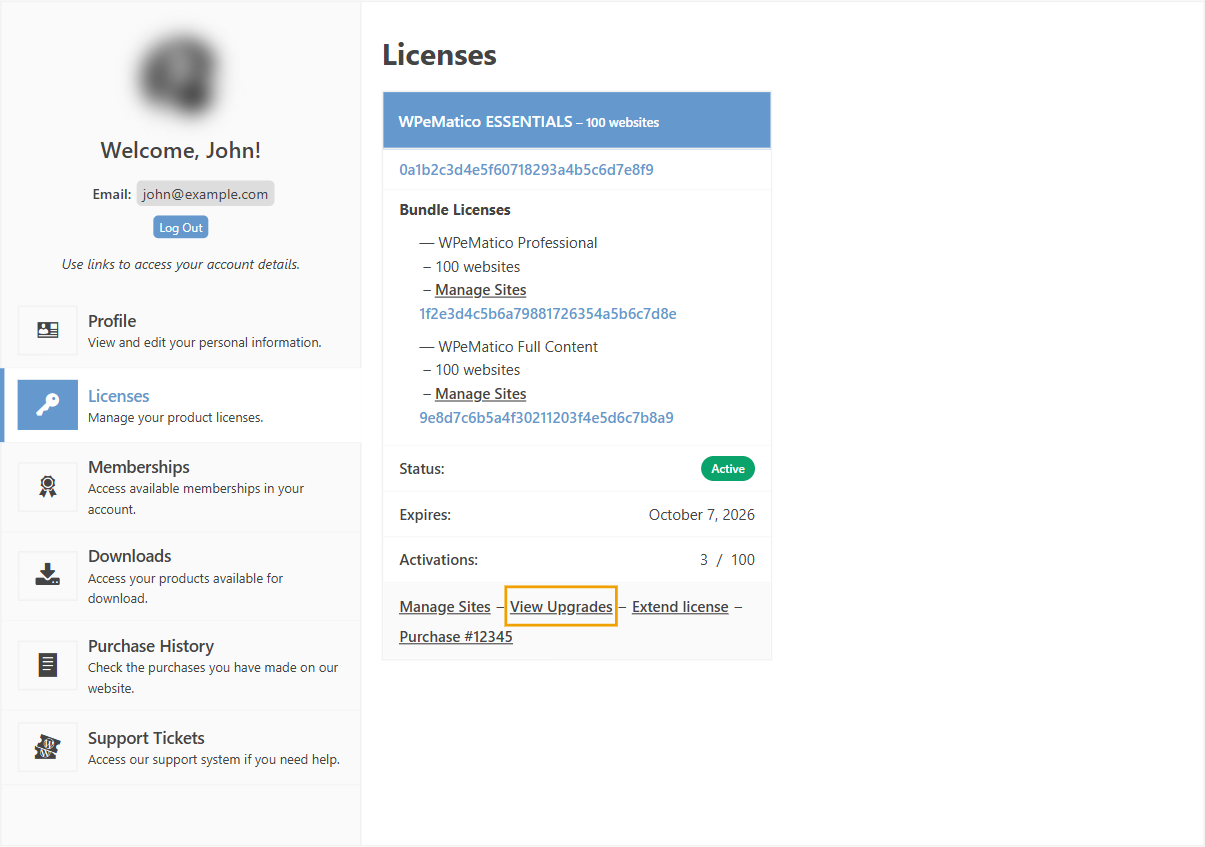 Active license in the licenses section of the etruel. Com account, with the view upgrades link