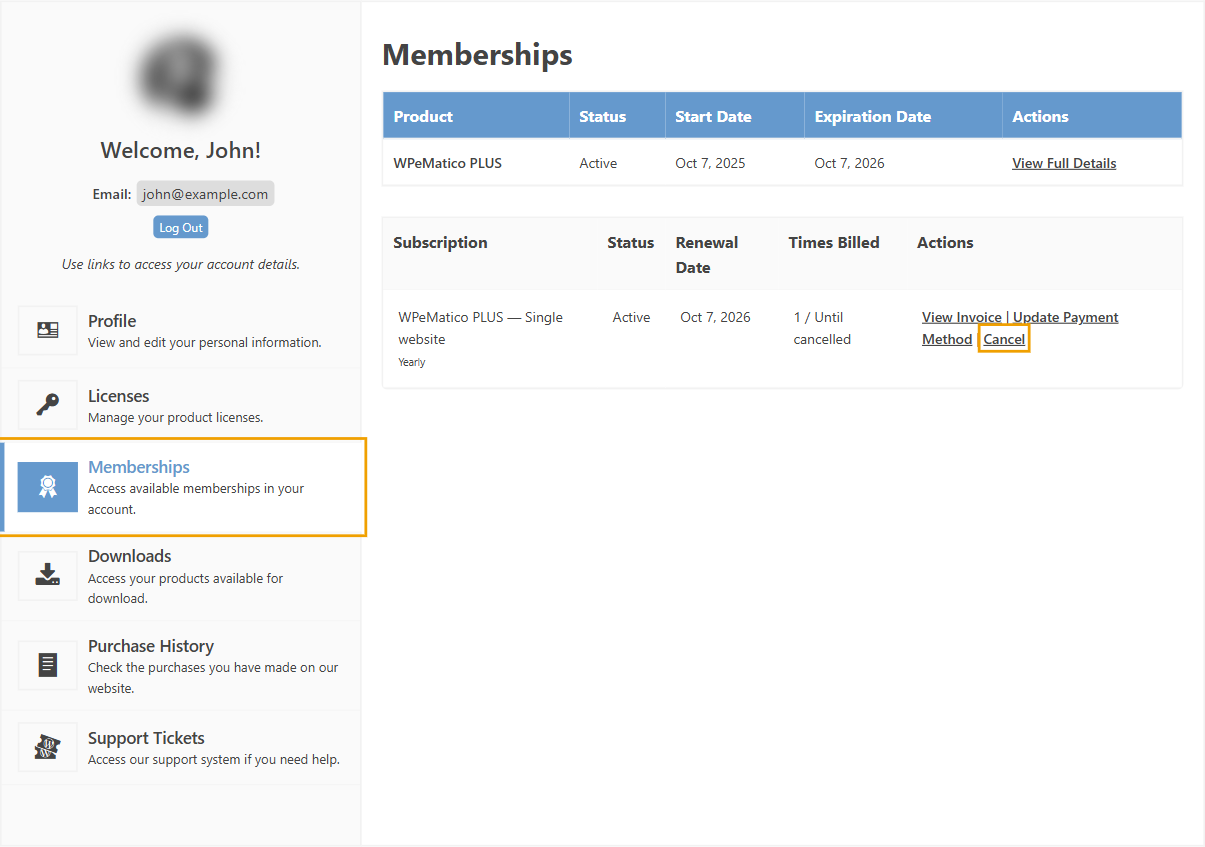 Memberships section of the etruel. Com account with a subscription and its cancel link