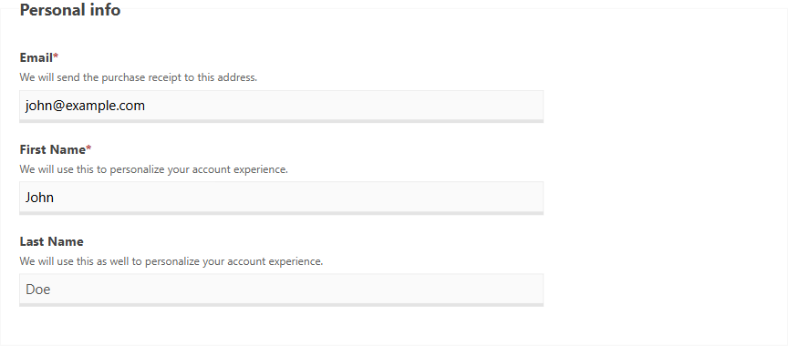 Personal info section of the checkout page with example email and name