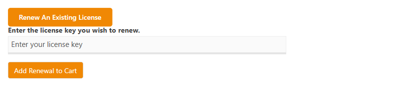 Renew an existing license button on the checkout page, with the license key field and the add renewal to cart button
