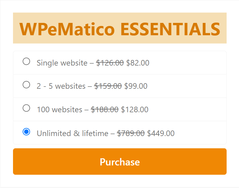 License options of the wpematico essentials membership, with the unlimited and lifetime license