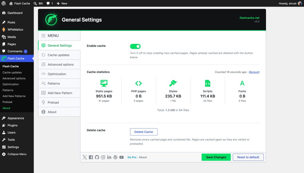 Flash cache general settings screen with the cache switch and live statistics
