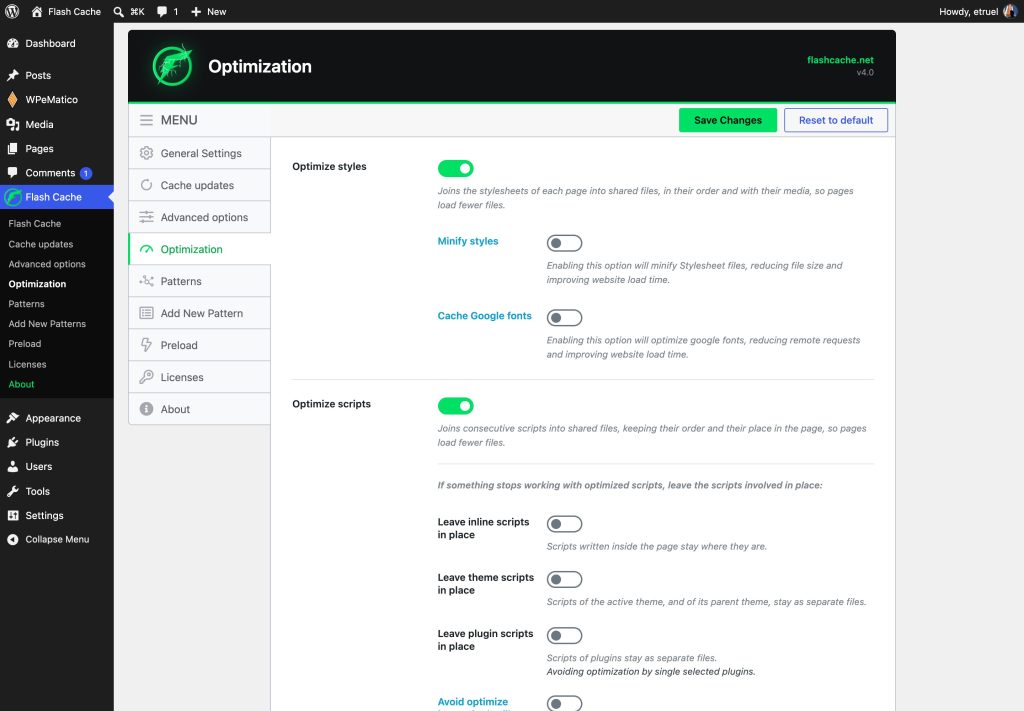 Flash cache optimization screen: combine styles and scripts and leave chosen files in place