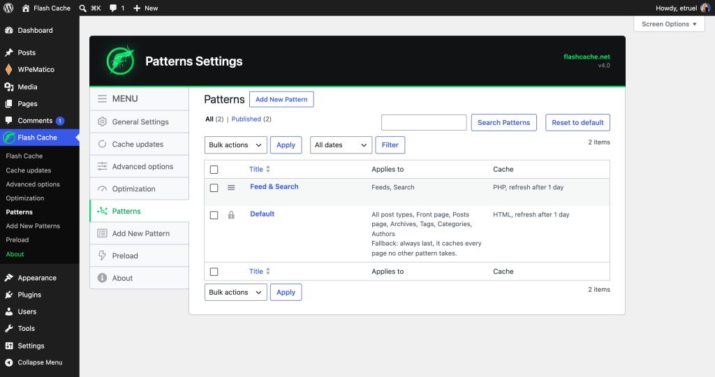 Flash cache patterns screen: one set of rules for each kind of page