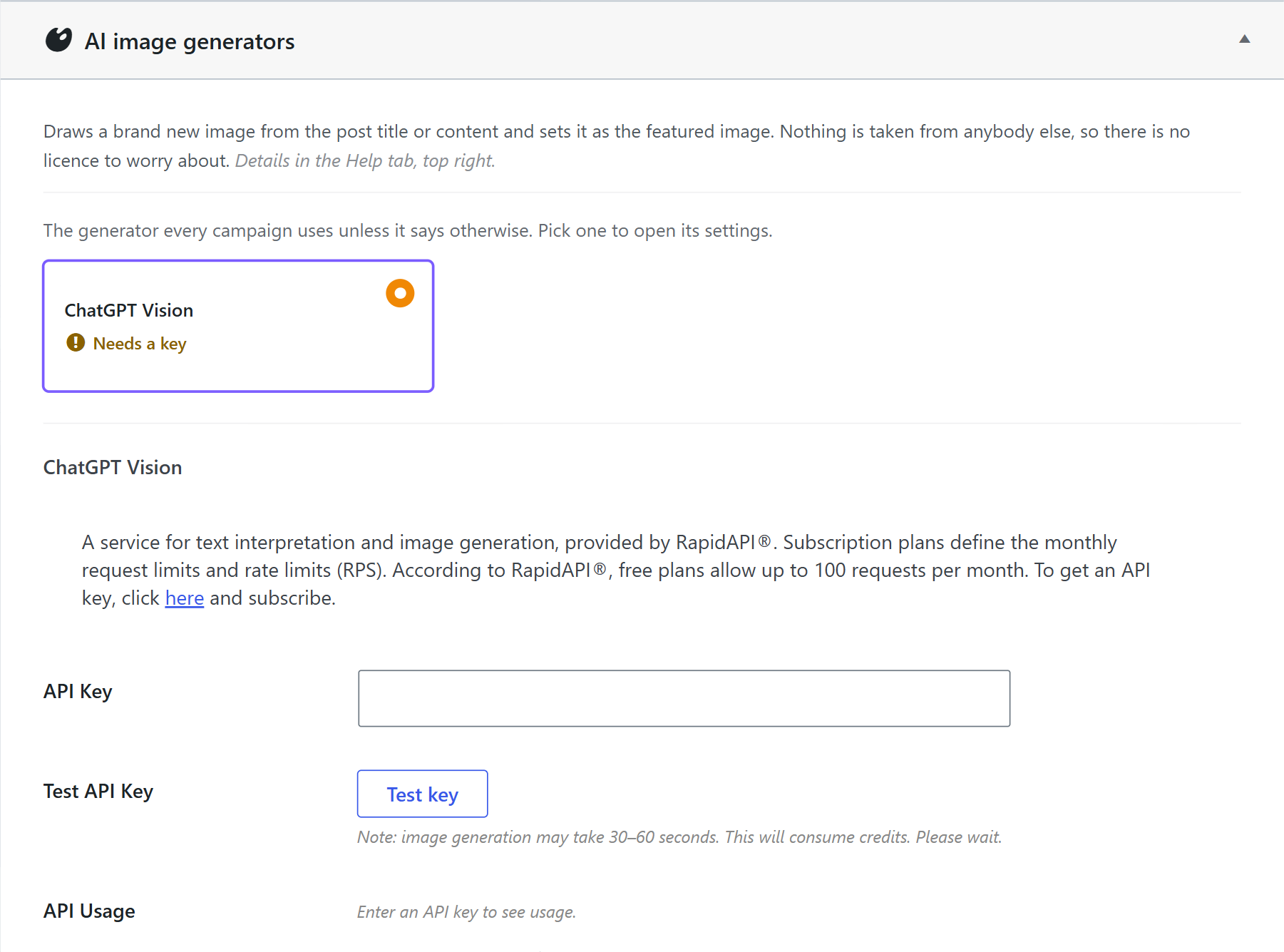 Create images settings of gpt spinner with chatgpt vision and its api key field
