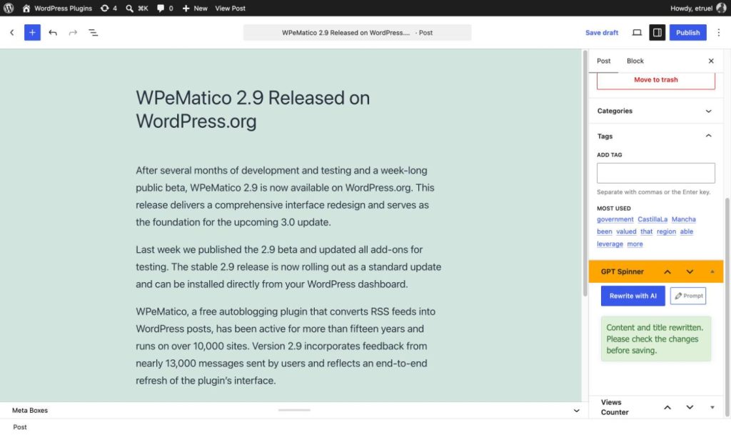 Gpt spinner — rewrite with ai, the result in the post editor