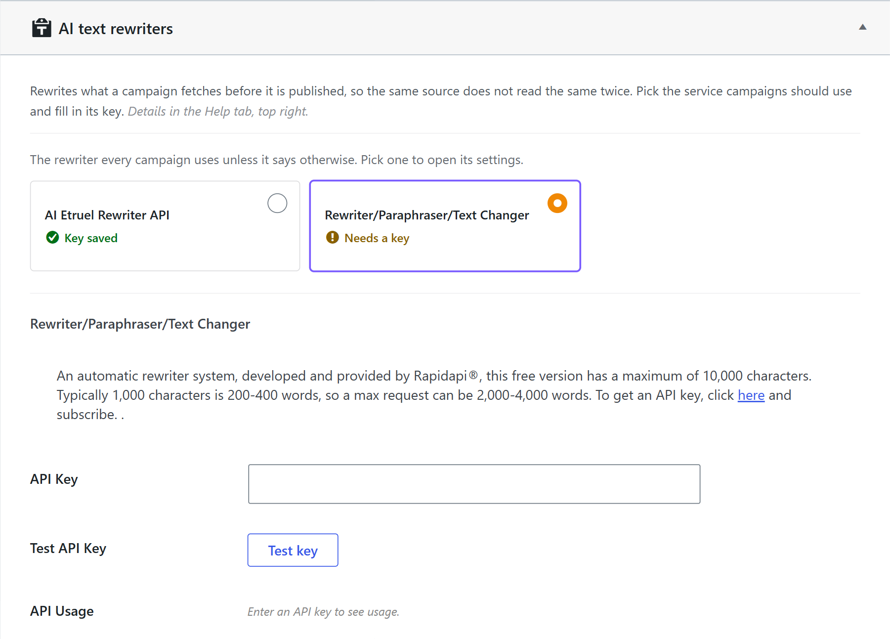 Rewrite text settings of gpt spinner with the rewriter/paraphraser/text changer api selected