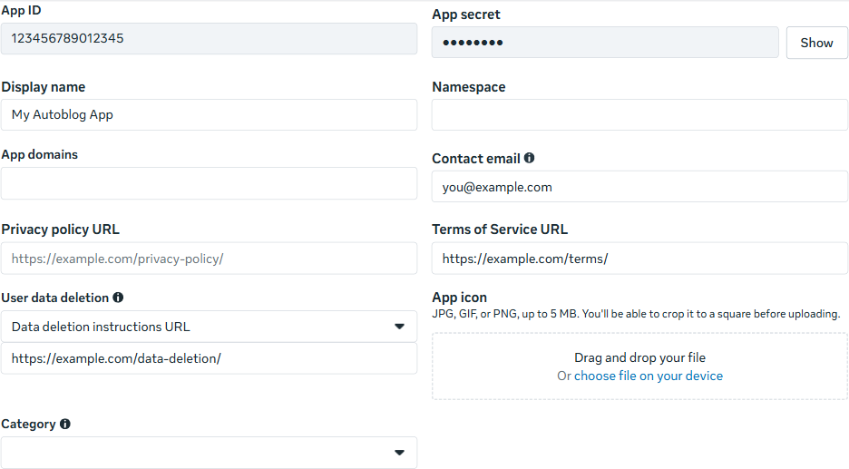 App id and app secret in the basic settings of a meta app
