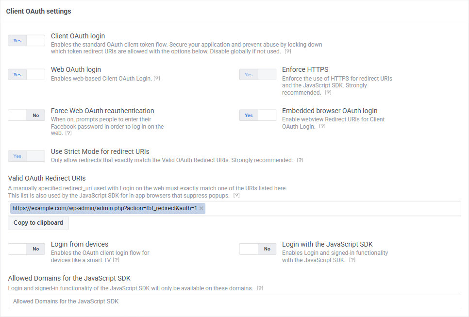 Valid oauth redirect uris in the facebook login for business settings with the wpematico redirect uri