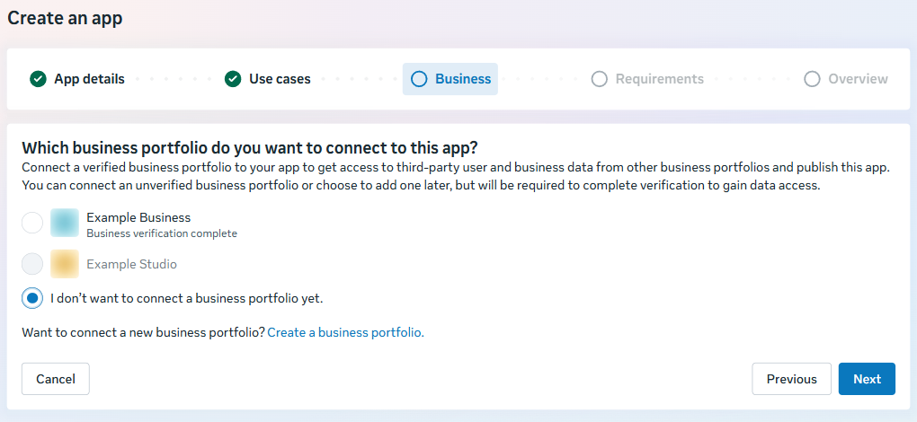 Business portfolio step when creating a meta app