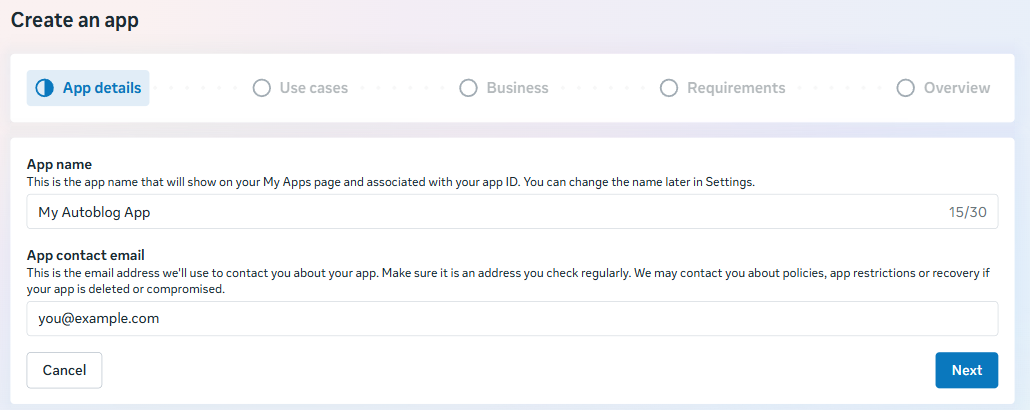App details step when creating an app in meta for developers