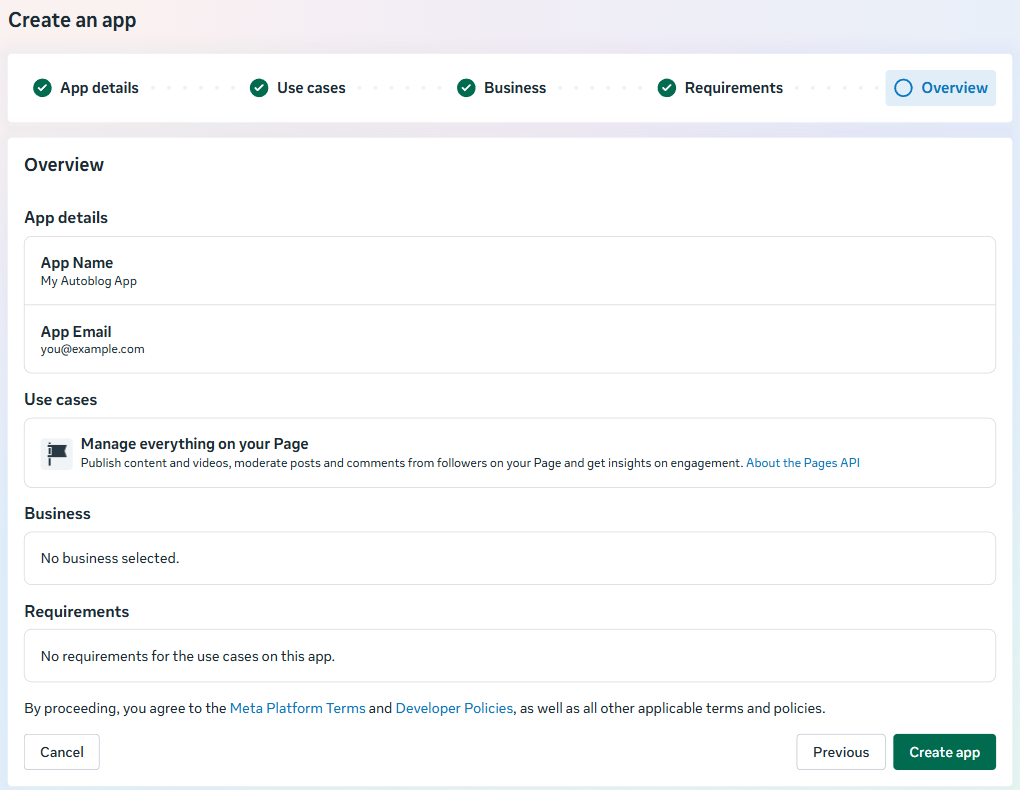 Overview step with the create app button in meta for developers