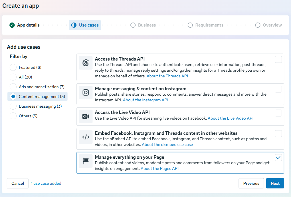 Manage everything on your page use case selected when creating a meta app