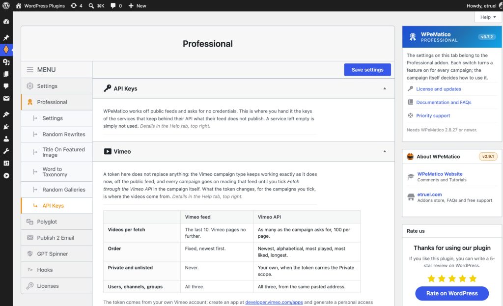 Api keys: vimeo feed compared with the vimeo api