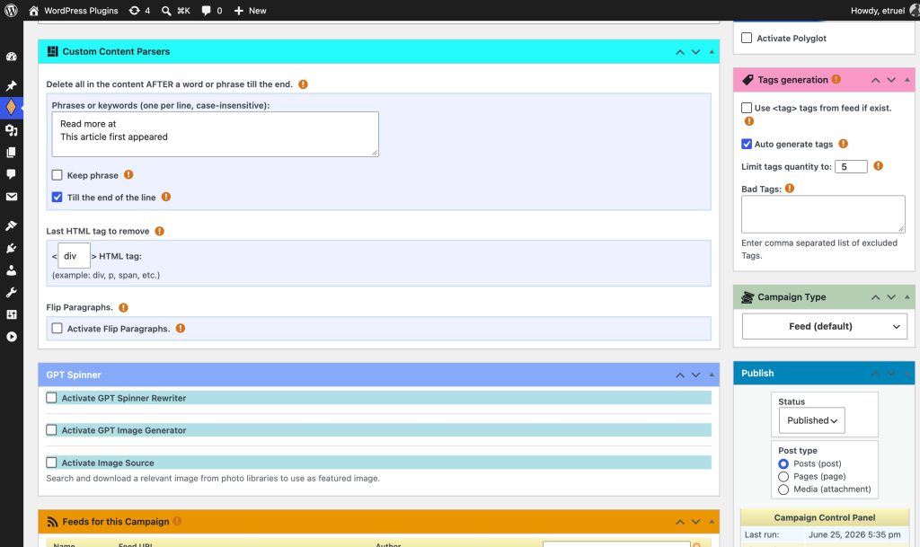Custom content parsers and automatic tags in the campaign editor