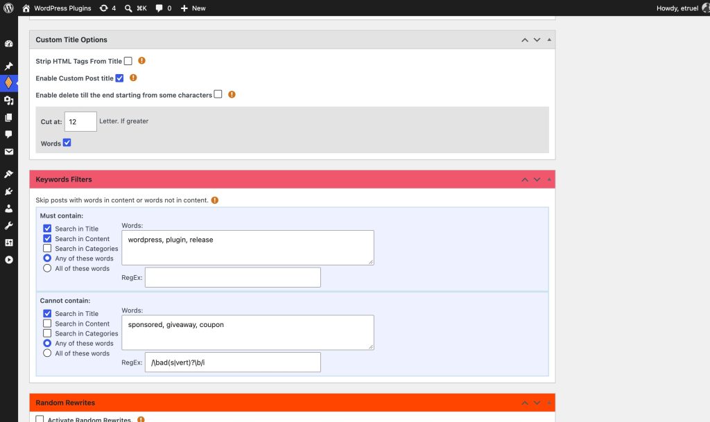Custom title and keyword filters in the campaign editor