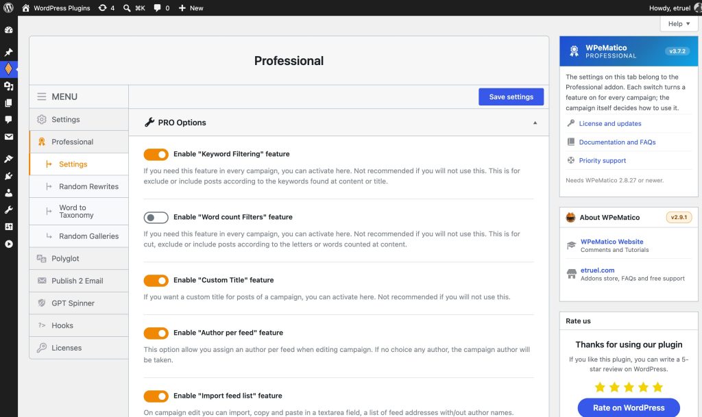 Wpematico professional settings: one switch per feature