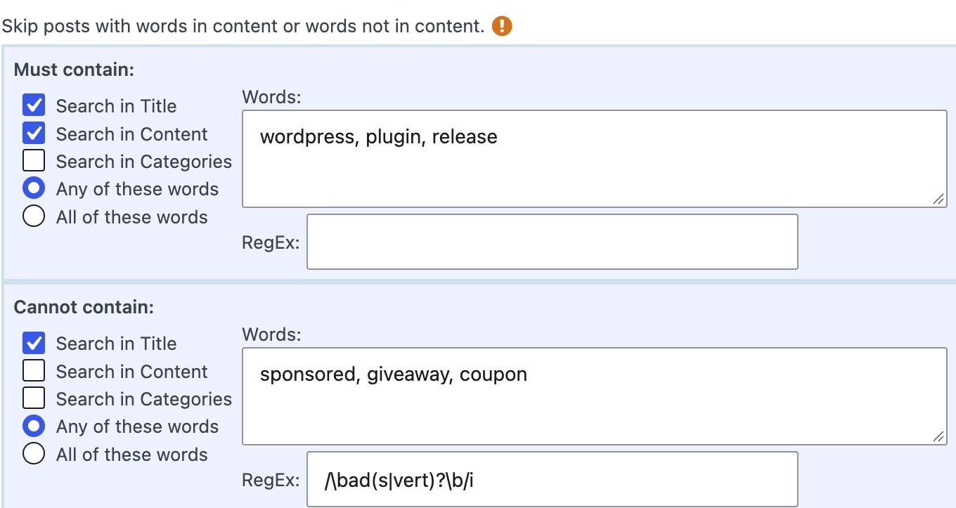 Keyword filters: must contain and cannot contain