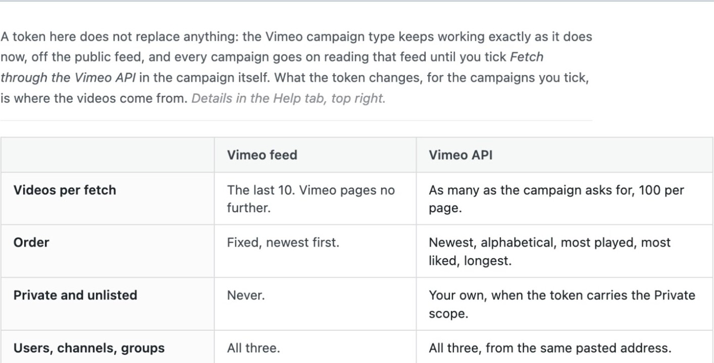 Vimeo feed compared with the vimeo api