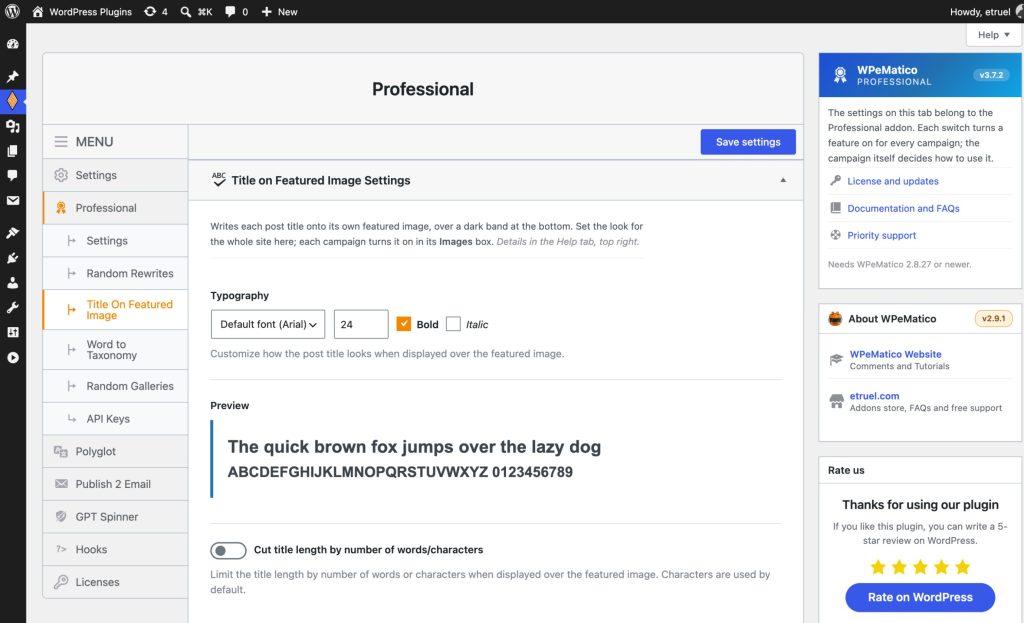 Title on featured image: font, size and live preview
