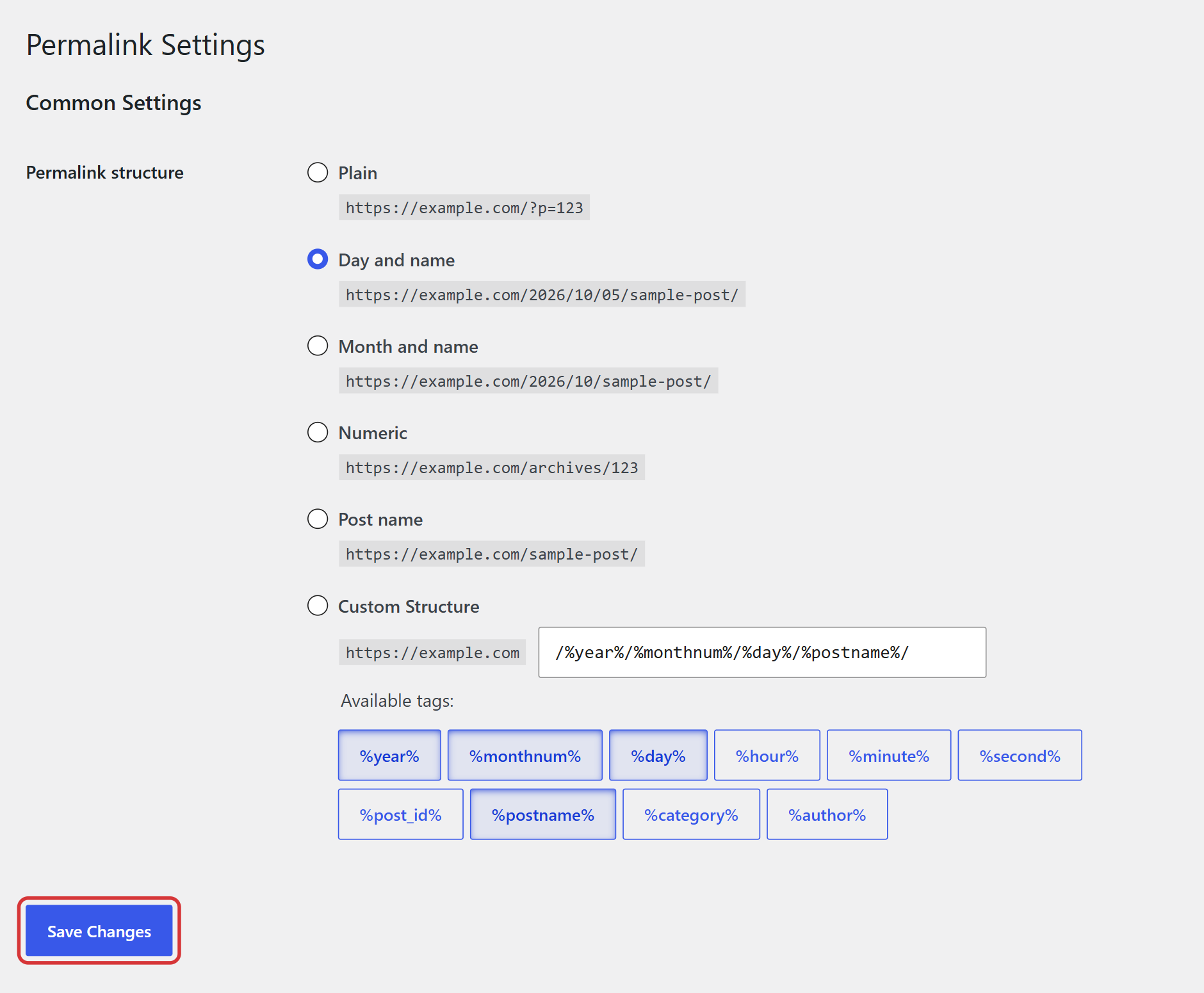 Save changes button in the wordpress permalink settings