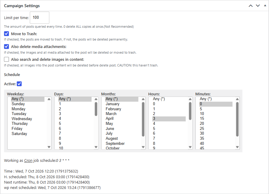 Campaign settings box of wp delete post copies with the limit per time and the schedule