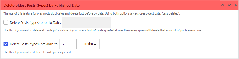 Delete oldest posts by published date box of wp delete post copies pro, set to delete posts older than 6 months
