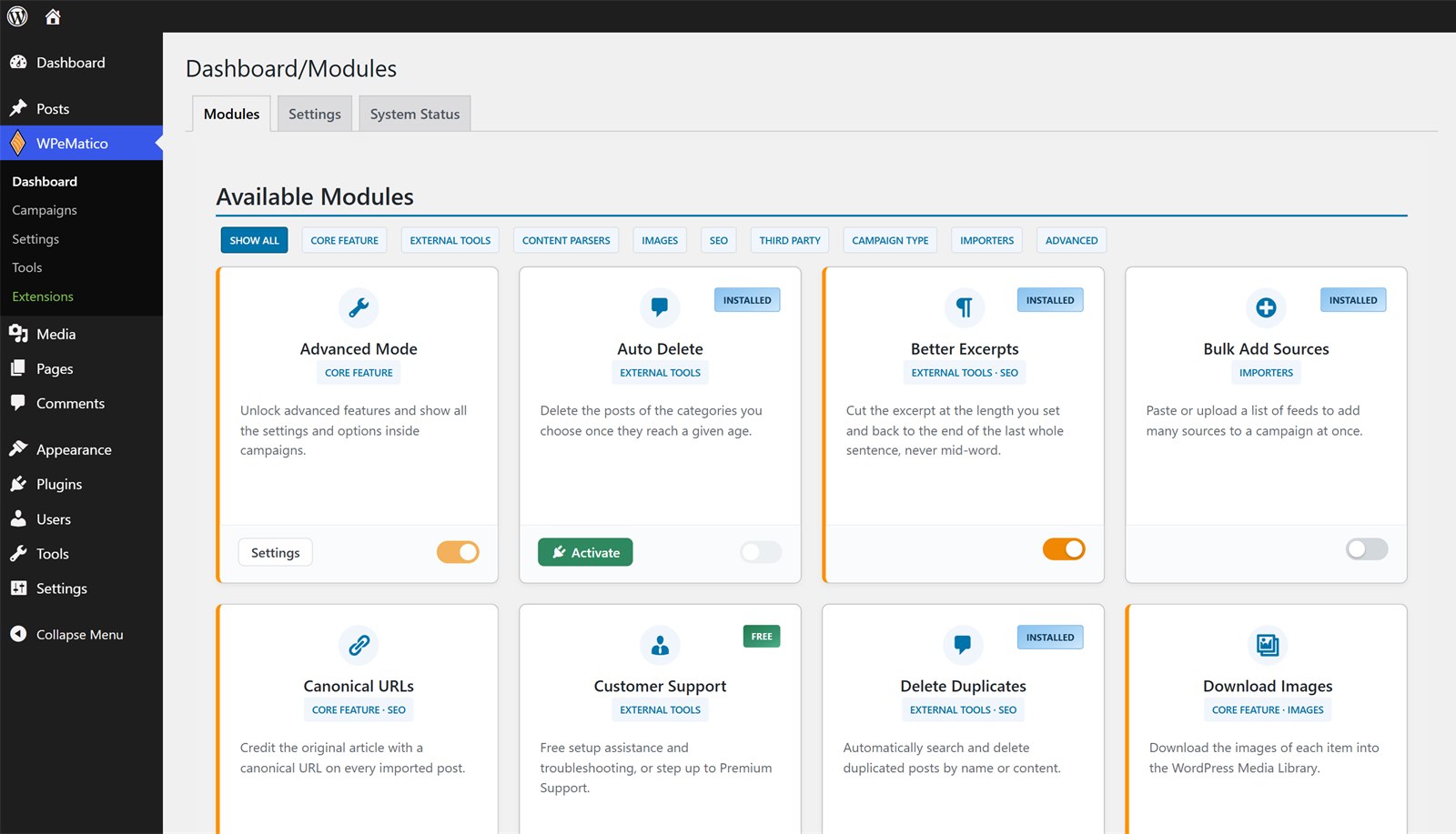 The new wpematico 2. 9 dashboard: one card per feature, with its own switch and filters by type