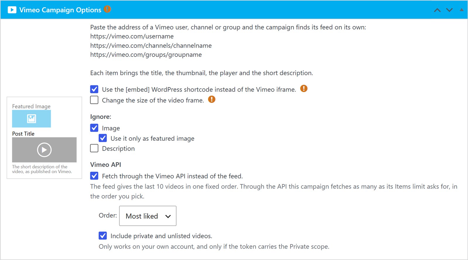 Vimeo campaign options in wpematico 2. 9: paste a vimeo user, channel or group address