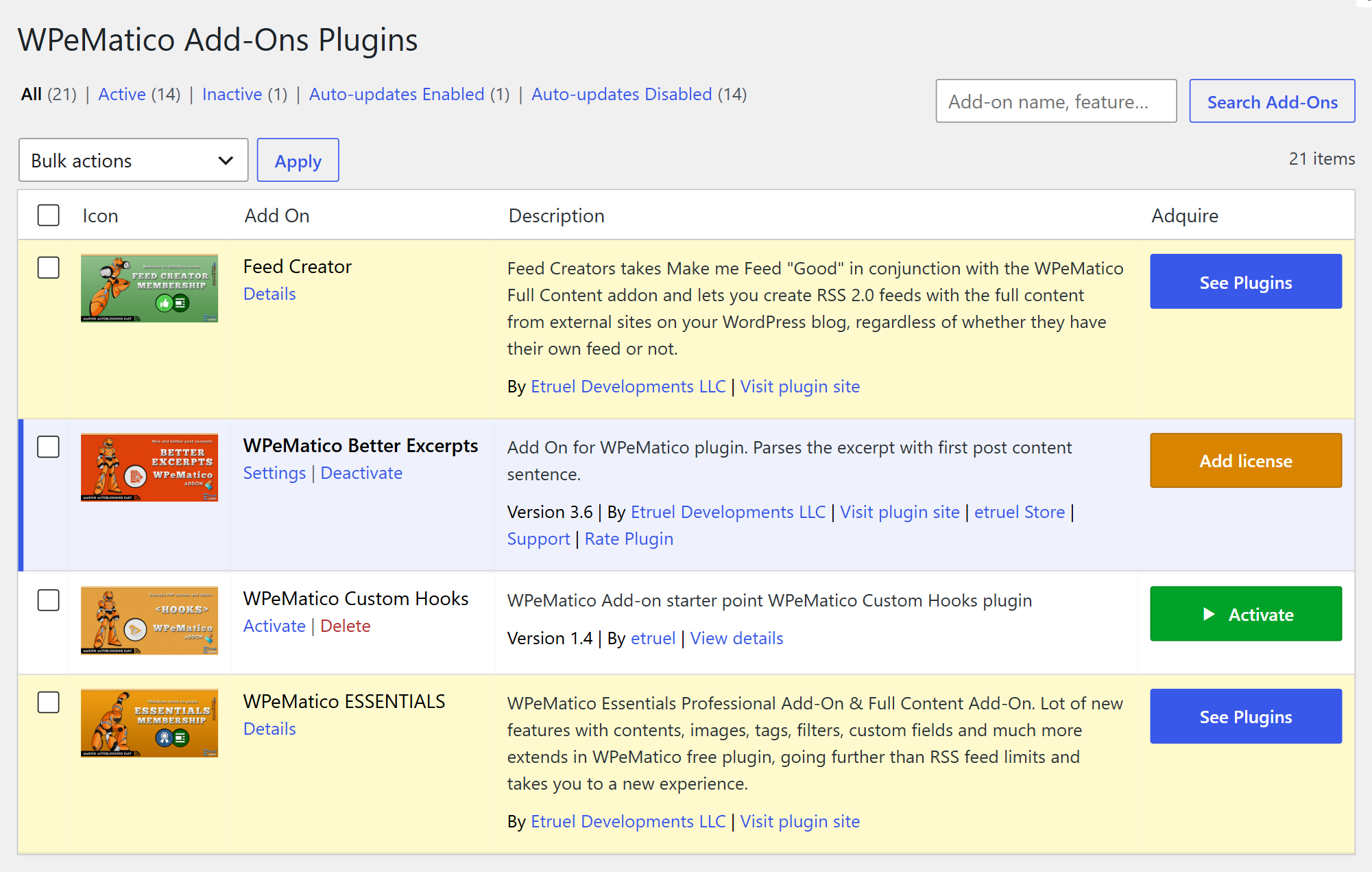 Wpematico addons page in the wordpress plugins menu