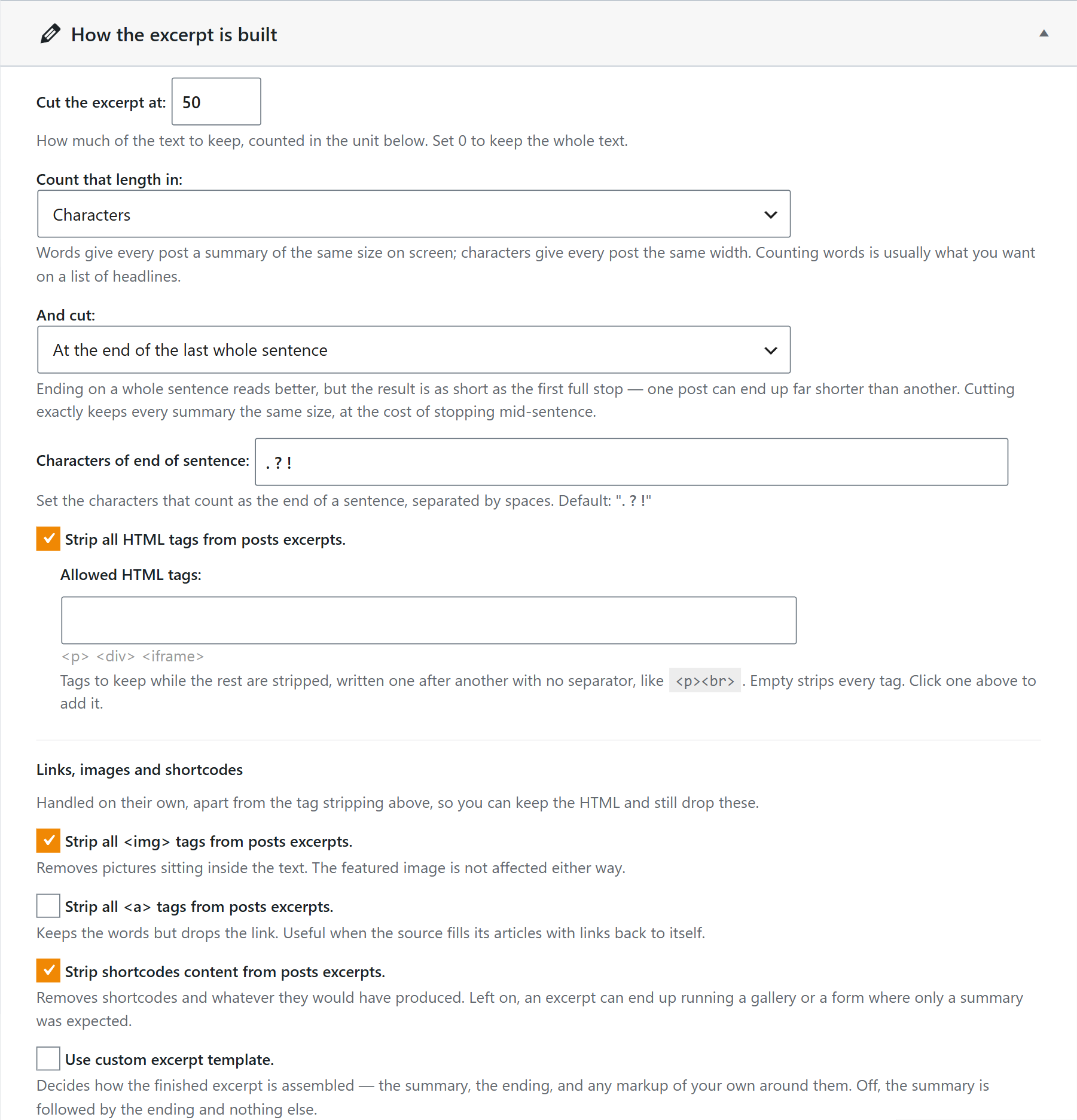 How the excerpt is built options of the better excerpts add-on